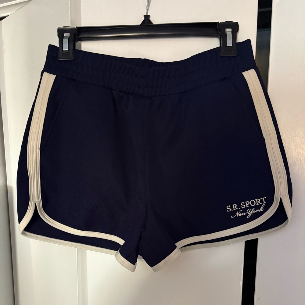 Sporty & Rich Dark Blue Athletic Shorts with Cream Accents